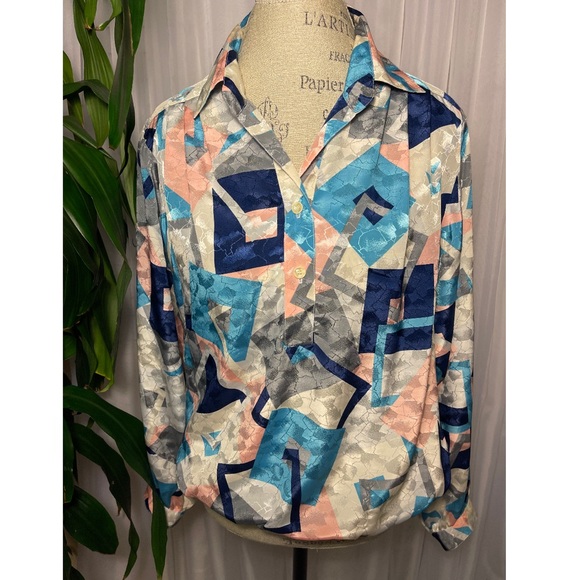 Vintage 80’s Silky Button Up Long Sleeve Blouse by Da-Rue of California 14/L - Picture 2 of 5